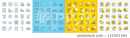 Vector icons set of Coffee machine, Espresso and Mattress line icons pack for web with Door, Entrance, Open door outline icon. Sconce light, Voice assistant, Floor lamp pictogram. Vector 115301104