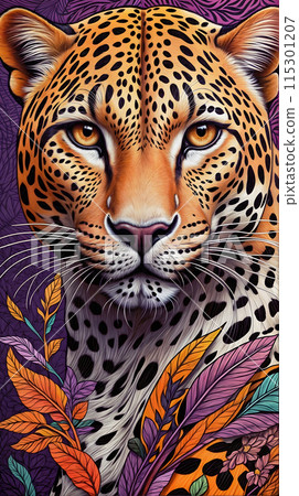 Vertical illustration with leopard head on bright background, avatar with image of animal. Predator 115301207