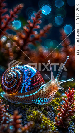 Bright vertical illustration of a snail, realistic, close-up, high detail. 115301208