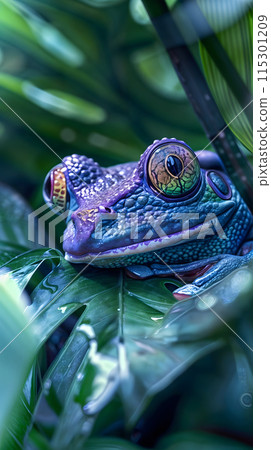 Bright vertical realistic illustration of a purple frog, close-up, high detail. 115301209
