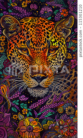 Vertical illustration with leopard head on bright background, avatar with image of animal. Predator 115301210