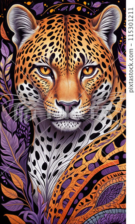 Vertical illustration with leopard head on bright background, avatar with image of animal. Predator 115301211