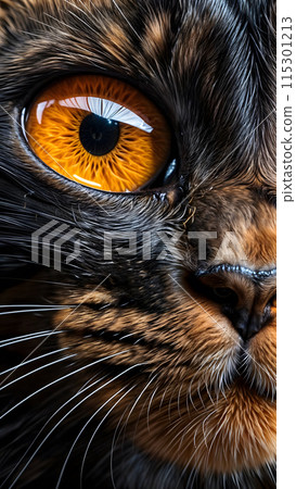 Vertical image of a cat with orange eyes, very close-up. Cute pet. 115301213