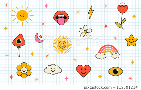 Groovy hippie 70s set. Funny cartoon flower, rainbow, love, heart, daisy, mushroom. Sticker retro Groovy hippie 70s set. Funny cartoon flower, rainbow, love, heart, daisy, mushroom. Sticker retro 115301214