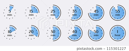 Visual representation of time intervals from 5 minutes to 1 hour. Timer, clock, stopwatch set icons 115301227