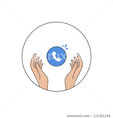 Hands holding a blue phone icon in the shape of a circle Hands holding a blue phone icon in the shape of a circle 115301249