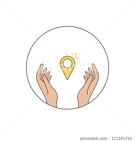 Hands holding a location pin icon with circular outline 115301250
