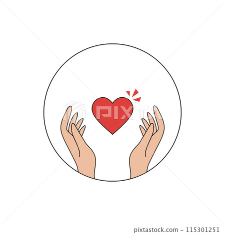 Hands holding red heart symbol in a circle on white background 115301251