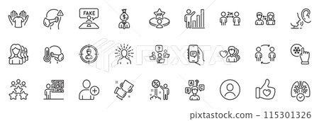 Icons pack as Winner cup, Chat app and Add user line icons for app include People communication, Workflow, Sick man outline thin icon web set. Manager, Social distancing, Headshot pictogram. Vector 115301326