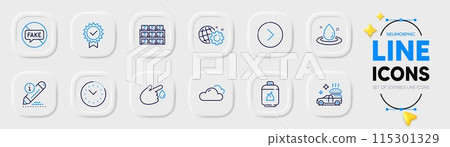 Fake news, Fuel energy and Edit line icons for web app. Pack of Food delivery, Seo gear, Certificate pictogram icons. Boxes shelf, Forward, Cloudy weather signs. Blood donation. Vector 115301329