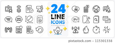 Icons set of Certificate, Justice scales and Compliance line icons pack for app with Magistrates court, Message, Timer thin outline icon. Recovery ssd, Fire energy, Power pictogram. Vector 115301338