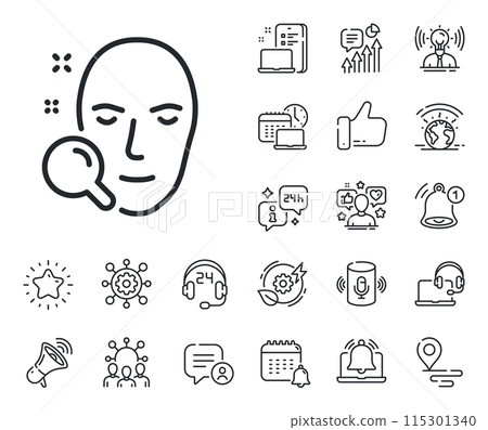 Head recognition sign. Place location, technology and smart speaker outline icons. Face search line icon. Face search line sign. Influencer, brand ambassador icon. Support, online offer. Vector 115301340