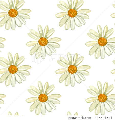 Seamless watercolor pattern. Daisy flower hand drawn in yellow and blue watercolors. Suitable for printing on fabric, paper, kitchen textiles, product packaging, scrapbooking. Watercolor illustration. 115301341