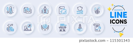 Report, Strategy and Fireworks line icons for web app. Pack of Deflation, Accounting report, Food pictogram icons. Crowdfunding, Augmented reality, Music signs. Thermometer. Neumorphic buttons. Vector Report, Strategy and Fireworks line icons for web app. Pack of Deflation, Accounting report, Food pictogram icons. Crowdfunding, Augmented reality, Music signs. Thermometer. Neumorphic buttons. Vector 115301343