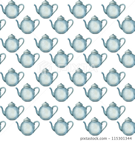 Seamless watercolor pattern. A teapot, hand painted in blue watercolor. Suitable for printing on fabric, paper, kitchen textiles, product packaging, scrapbooking. 115301344