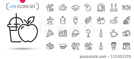 Pack of Recipe book, Calories and Fast food line icons. Include Night eat, Food, Cooler bottle pictogram icons. Market, Water drop, Beer signs. Hamburger, Juice, Beer bottle. Pizza. Vector 115301370