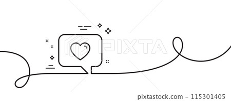 Heart in Speech bubble line icon. Continuous one line with curl. Love chat symbol. Valentines day communication sign. Love message single outline ribbon. Loop curve pattern. Vector 115301405