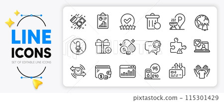 Friends chat, Silicon mineral and Report line icons set for app include Internet notification, Add gift, Card outline thin icon. Grill place, No microphone, Timer pictogram icon. Vector 115301429