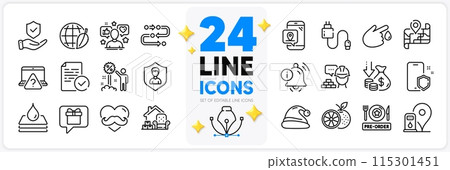 Icons set of Methodology, Information bell and Pre-order food line icons pack for app with Environment day, Blood donation, Map thin outline icon. Packing things, Security agency. Vector 115301451