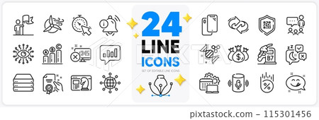 Icons set of Loan percent, Information bell and Chemistry dna line icons pack for app with Seo strategy, Software, Certificate thin outline icon. Servers, Yummy smile, Timer pictogram. Vector 115301456