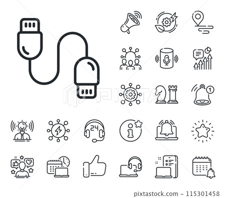 Mobile accessories sign. Place location, technology and smart speaker outline icons. Charging cable line icon. Data cord symbol. Charging cable line sign. Influencer, brand ambassador icon. Vector Mobile accessories sign. Place location, technology and smart speaker outline icons. Charging cable line icon. Data cord symbol. Charging cable line sign. Influencer, brand ambassador icon. Vector 115301458
