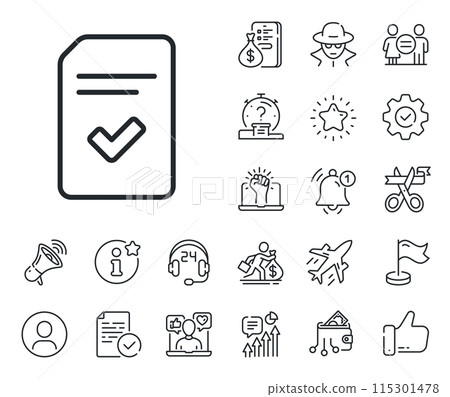 Information File with Check sign. Salaryman, gender equality and alert bell outline icons. Checked Document line icon. Correct Paper page concept symbol. Checked file line sign. Vector Information File with Check sign. Salaryman, gender equality and alert bell outline icons. Checked Document line icon. Correct Paper page concept symbol. Checked file line sign. Vector 115301478
