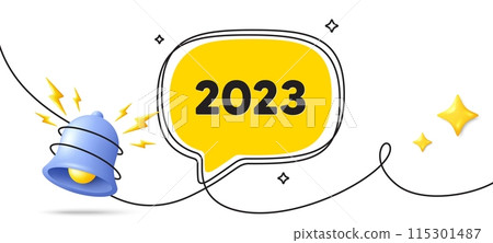2023 year icon. Continuous line art banner. Event schedule annual date. 2022 annum planner. 2023 speech bubble background. Wrapped 3d bell icon. Vector 2023 year icon. Continuous line art banner. Event schedule annual date. 2022 annum planner. 2023 speech bubble background. Wrapped 3d bell icon. Vector 115301487