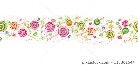 Colored candies with young green leaves flying up. Multicolored fruit and berry splashes. Spiral and round lollipops. Bonbons with striped swirls. Seamless banner. Watercolor illustration for package Colored candies with young green leaves flying up. Multicolored fruit and berry splashes. Spiral and round lollipops. Bonbons with striped swirls. Seamless banner. Watercolor illustration for package 115301544