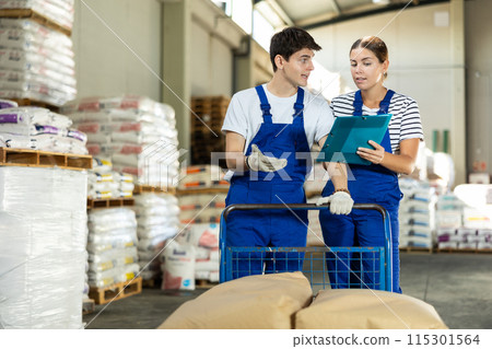 Young woman and young guy checking documents in warehouse 115301564