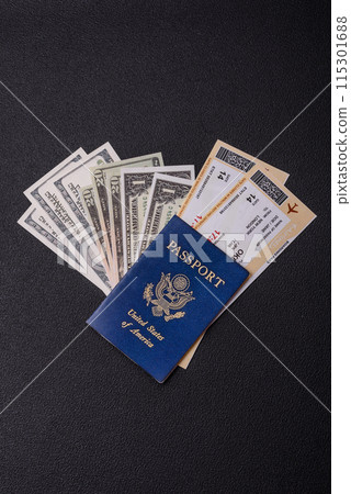 United States of America passport, airline tickets and money 115301688