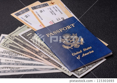 United States of America passport, airline tickets and money 115301693