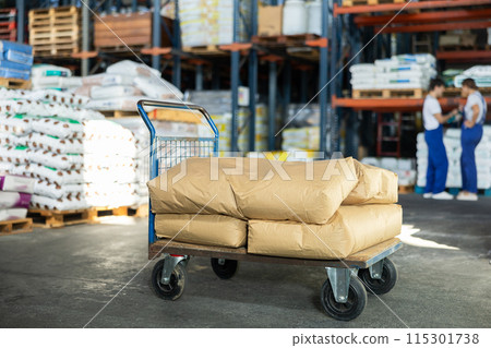Large cargo trolley stands in premises of store-warehouse of construction and repair materials. 115301738