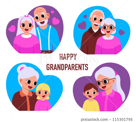 Happy set of portraits of grandparents with grandchildren, logo in vector illustration 115301795
