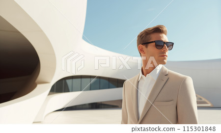 Fashionable successful stylish man in business suit, minimalism design architecture modern building Fashionable successful stylish man in business suit, minimalism design architecture modern building 115301848