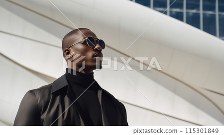 Fashionable confident stylish black man in suit, minimalism design architecture modern building Fashionable confident stylish black man in suit, minimalism design architecture modern building 115301849