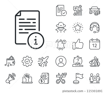 User manual sign. Salaryman, gender equality and alert bell outline icons. Instruction line icon. Information document symbol. Manual line sign. Spy or profile placeholder icon. Vector 115301891