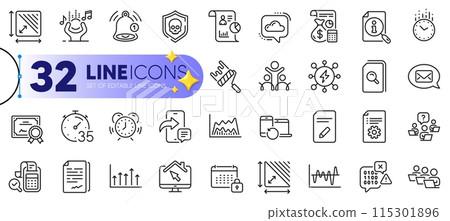 Outline set of Edit document, Inclusion and Messenger line icons for web with Triangle area, Reminder, Cloud communication thin icon. Trade chart, Search files, Accounting pictogram icon. Vector 115301896