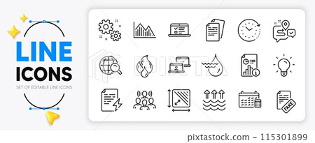 Square area, Fake news and Investment graph line icons set for app include Light bulb, Work, Web lectures outline thin icon. Team work, Internet search, Journey pictogram icon. Vector 115301899