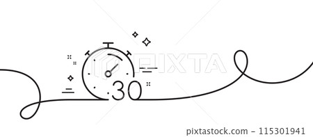 Timer 30 minutes line icon. Continuous one line with curl. Stopwatch time sign. Countdown clock symbol. Timer single outline ribbon. Loop curve pattern. Vector Timer 30 minutes line icon. Continuous one line with curl. Stopwatch time sign. Countdown clock symbol. Timer single outline ribbon. Loop curve pattern. Vector 115301941