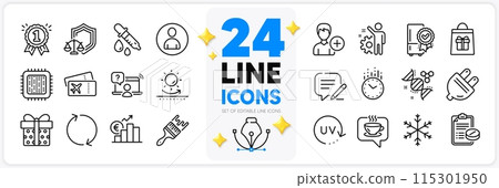 Icons set of Coffee, Cpu processor and Brush line icons pack for app with Online question, Chemistry dna, Sun protection thin outline icon. Write, Holidays shopping. Design with 3d stars. Vector 115301950