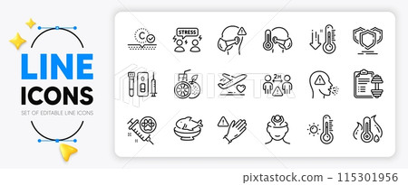 Seafood, Orange juice and Blood and saliva test line icons set for app include Medical flight, Dumbbell, Stress outline thin icon. Sick man, Cough, Weather thermometer pictogram icon. Vector Seafood, Orange juice and Blood and saliva test line icons set for app include Medical flight, Dumbbell, Stress outline thin icon. Sick man, Cough, Weather thermometer pictogram icon. Vector 115301956