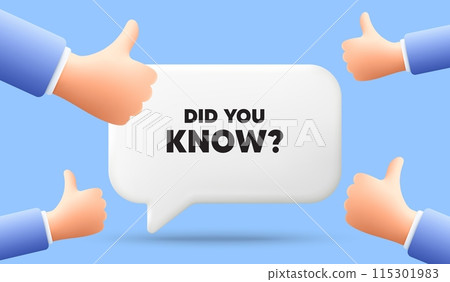 Did you know tag. 3d speech bubble banner with like hands. Special offer question sign. Interesting facts symbol. Did you know chat speech message. 3d offer talk box. Vector 115301983