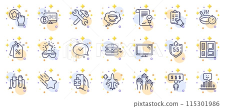 Outline set of Voting hands, Coffee cup and Falling star line icons for web app. Include Monitor, Discount tags, Checklist pictogram icons. Approved, Puzzle game, Food delivery signs. Vector 115301986
