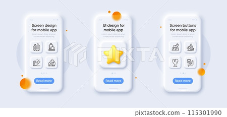 Baggage reclaim, Fragile package and Delivery service line icons pack. 3d phone mockups with star. Glass smartphone screen. Charging station, Car rental, Fuel price web icon. Vector 115301990