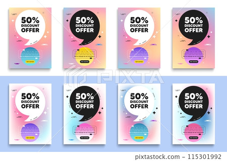 50 percent discount tag. Poster frame with quote. Sale offer price sign. Special offer symbol. Discount flyer message with comma. Gradient blur background posters. Vector 115301992
