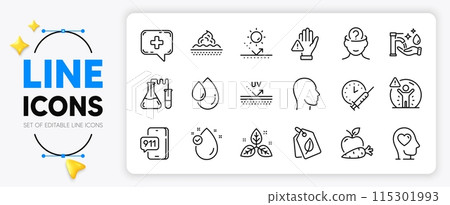 Oil drop, Bio tags and Dont touch line icons set for app include Chemistry lab, Apple carrot, Vitamin e outline thin icon. Emergency call, Mental health, Uv protection pictogram icon. Vector Oil drop, Bio tags and Dont touch line icons set for app include Chemistry lab, Apple carrot, Vitamin e outline thin icon. Emergency call, Mental health, Uv protection pictogram icon. Vector 115301993