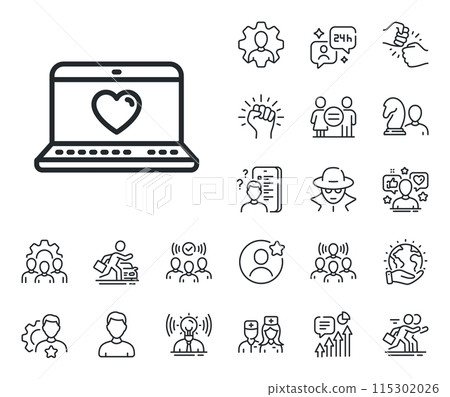 Heart in Notebook sign. Specialist, doctor and job competition outline icons. Love dating line icon. Valentines day symbol. Web love line sign. Avatar placeholder, spy headshot icon. Vector Heart in Notebook sign. Specialist, doctor and job competition outline icons. Love dating line icon. Valentines day symbol. Web love line sign. Avatar placeholder, spy headshot icon. Vector 115302026