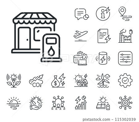 Petrol or gas station sign. Energy, Co2 exhaust and solar panel outline icons. Filling station line icon. Diesel fuel symbol. Filling station line sign. Eco electric or wind power icon. Vector Petrol or gas station sign. Energy, Co2 exhaust and solar panel outline icons. Filling station line icon. Diesel fuel symbol. Filling station line sign. Eco electric or wind power icon. Vector 115302039