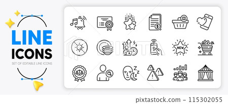 No sun, Difficult stress and Find user line icons set for app include Financial documents, Reject certificate, Justice scales outline thin icon. Phone payment, Teamwork results. Vector 115302055