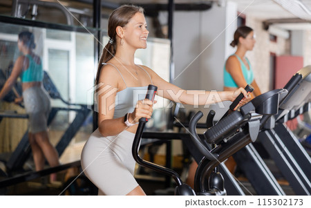 Slender athletic girl during cardio exercises on elliptical simulator in fitness center. Slender athletic girl during cardio exercises on elliptical simulator in fitness center. 115302173